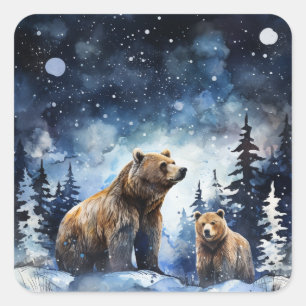 Adesivo Quadrado Urso Pardo e Bebê