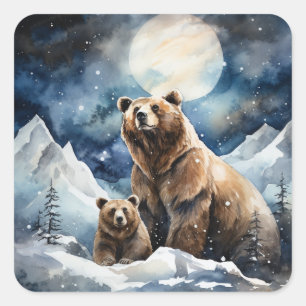 Adesivo Quadrado Urso Pardo e Bebê