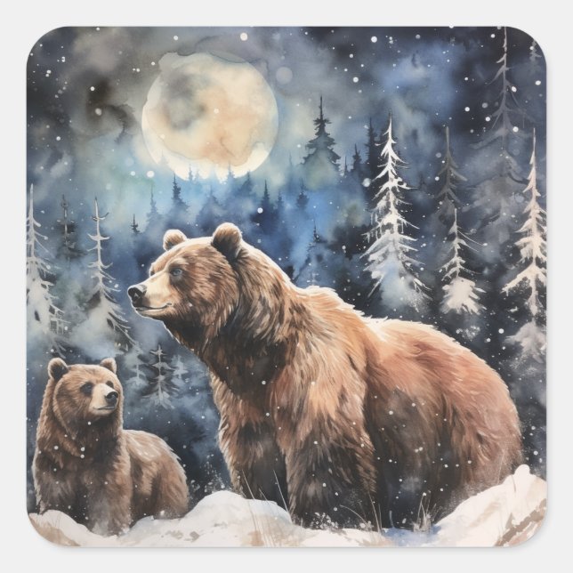 Adesivo Quadrado Urso Pardo e Bebê (Frente)