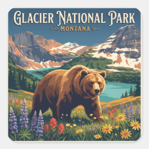 Adesivo Quadrado Urso Pardo no Parque Nacional Glacier Montana