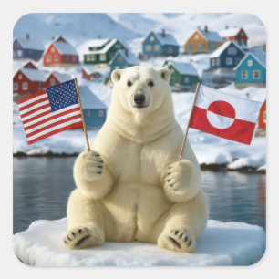 Adesivo Quadrado Urso Polar Com Bandeiras da Groenlândia e dos EUA