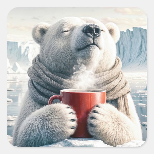 Adesivo Quadrado Urso Polar Com Mug De Café Vermelho (Frente)