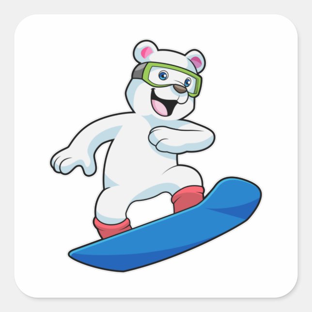 Adesivo Quadrado Urso polar como Snowboarder com Snowboard (Frente)
