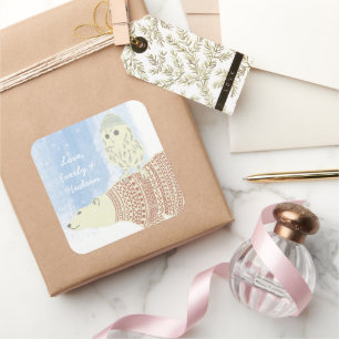 Adesivo Quadrado Urso Polar de Coruja, Chapéus e Suéteres, também