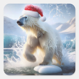Adesivo Quadrado Urso Polar de Natal Com Boné De Papai noel