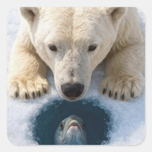 Adesivo Quadrado Urso Polar Olhando para um Peixe