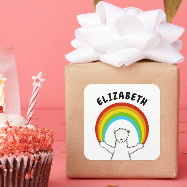 Adesivo Quadrado Urso Polar Personalizado e Arco-íris (Festa)