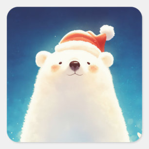 Adesivo Quadrado Urso Polar Vestindo Chapéu de Papai Noel com Folha