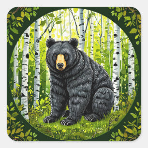 Adesivo Quadrado Urso Preto na Floresta Fauna Ursa nas Árvores de B