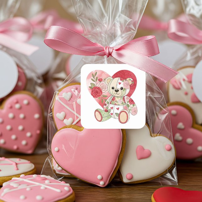Adesivo Quadrado Urso Rosa de Correção com Coração (Criador carregado)