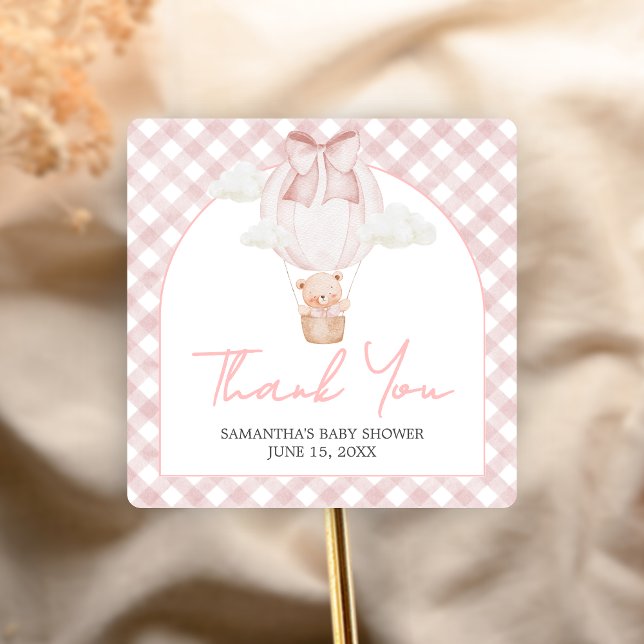 Adesivo Quadrado Urso Rosa Mal Pode Esperar Churrasco de Bebê  (Bearly Wait Baby Shower Sticker)