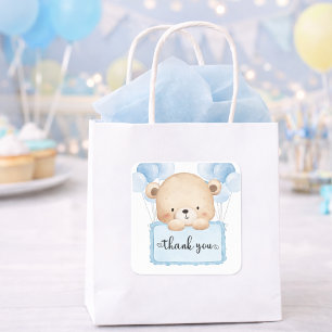 Adesivo Quadrado Urso Teddy Fofo Azul Pastel Chá de Bebê Obrigado