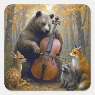 Adesivo Quadrado Urso Tocando Violoncelo em Bosque de Outono