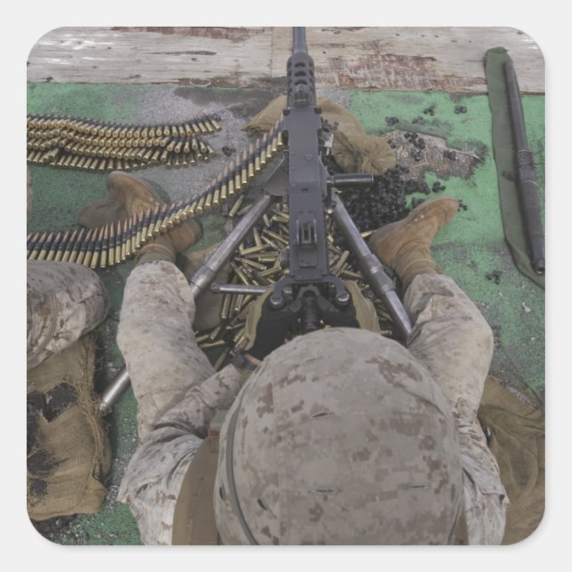 Adesivo Quadrado US Marine dispara uma metralhadora M2 de calibre 5 (Frente)