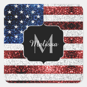 Adesivo Quadrado USA flag red white blue sparkles glitters Monogram