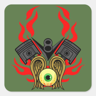 Adesivo Quadrado V8 Cabeças de pistão voando