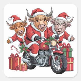 Adesivo Quadrado Vaca das Terras Altas Animal Natal Trenó Engraçado