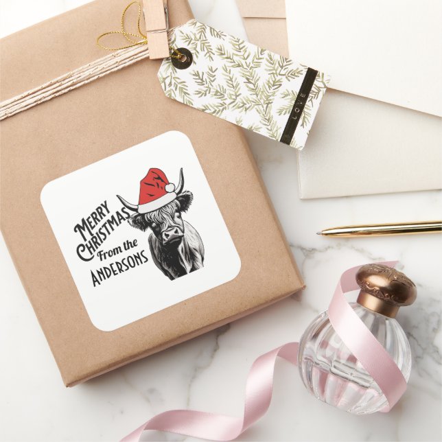 Adesivo Quadrado Vaca das Terras de Natal com Santa Hat (Presentear)