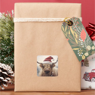 Adesivo Quadrado Vaca em chapéu de Papai Noel Feriado Natal