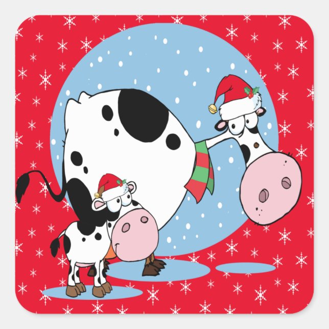 Adesivo Quadrado Vacas De Natal De Campo Com Chapéus De Papai Noel (Frente)