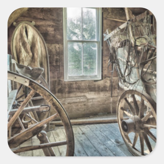 Adesivo Quadrado Vagão coberto, roda de vagão de madeira (Frente)