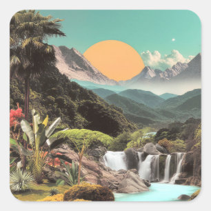 Adesivo Quadrado Vale Tropical Surrealista Com Cachoeiras