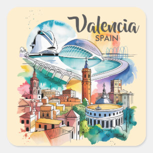 Adesivo Quadrado Valencia Espanha Paisagem Urbana Aquarela Viagem P