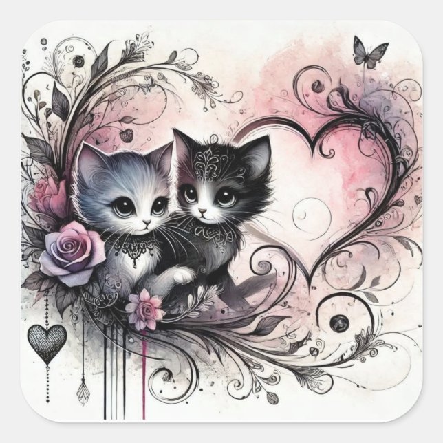 Adesivo Quadrado Valentine Cute Cats Sticker – Sweet Love Design (Frente)