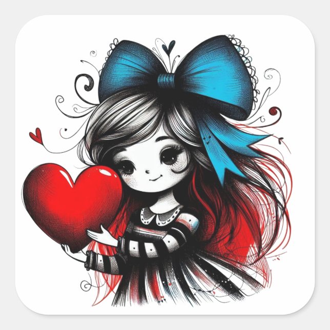 Adesivo Quadrado Valentine Girl Art 3 Inch Sticker – Kawaii Love (Frente)