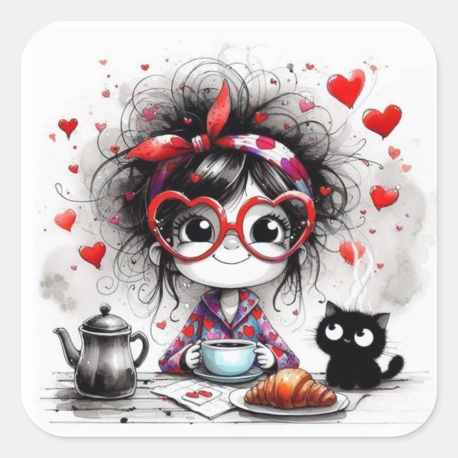 Adesivo Quadrado Valentine Girl Art 3 Inch Sticker – Kawaii Love (Frente)