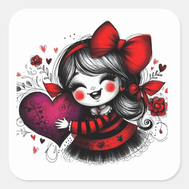 Adesivo Quadrado Valentine Girl Art 3 Inch Sticker – Kawaii Love (Frente)