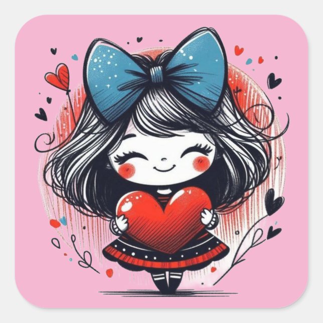 Adesivo Quadrado Valentine Girl Art 3 Inch Sticker – Kawaii Love (Frente)