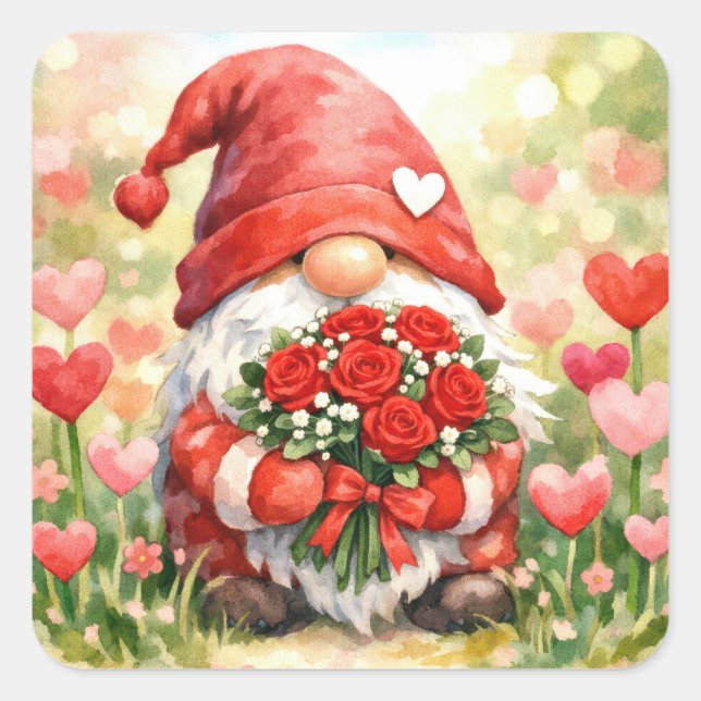 Adesivo Quadrado Valentine Gnome with Red Rose Bouquet (Frente)