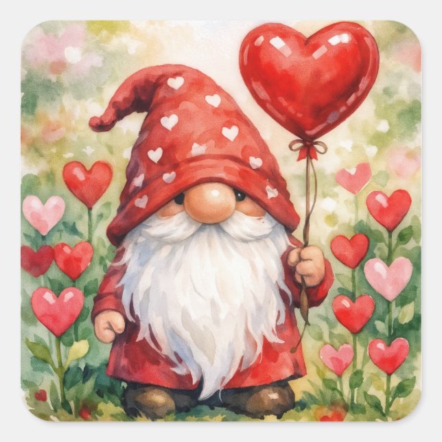 Adesivo Quadrado Valentine's Day Gnome with Red Heart Balloon (Frente)