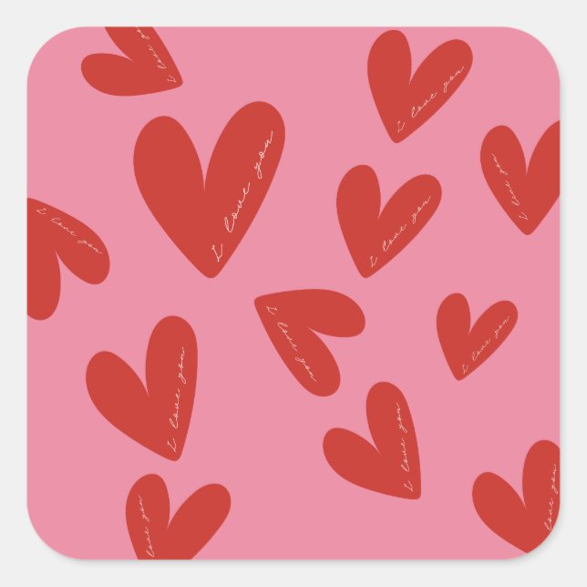 Adesivo Quadrado Valentine's Day Modern Red & Pink Hearts Script (Frente)
