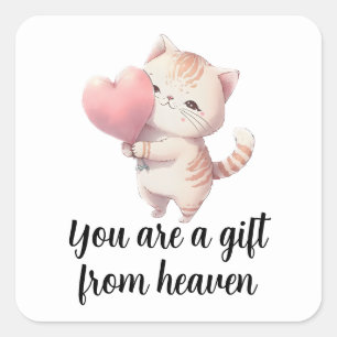 Adesivo Quadrado Valentines de Gatinhos Coração Rosa Aquarela Gato