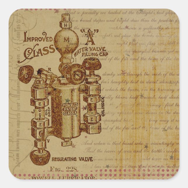Adesivo Quadrado Válvula de Água Steampunk Blueprint Sepia Stickers (Frente)