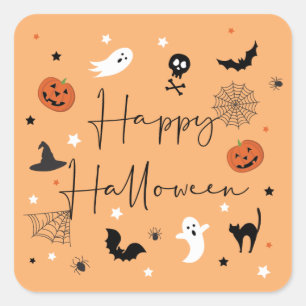 Adesivo Quadrado Vamos fica assustado Festa de Halloween Laranja