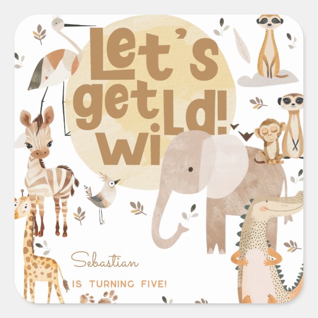 Adesivo Quadrado Vamos ganha aniversário de criança de safari selva (Frente)