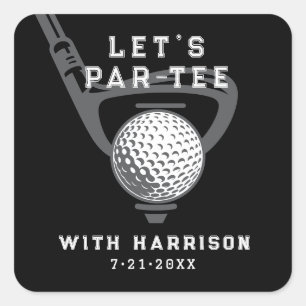 Adesivo Quadrado Vamos Par-tee Tema de Golfe Aniversário Preto