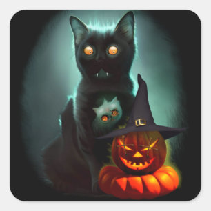 Adesivo Quadrado Vampiro Gato e Mágico Pumpkin Halloween Surreal