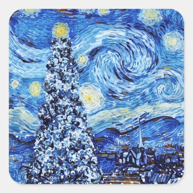 Adesivo Quadrado Van Gogh - A Noite Estrelada - T-Sh Natal Branco (Frente)