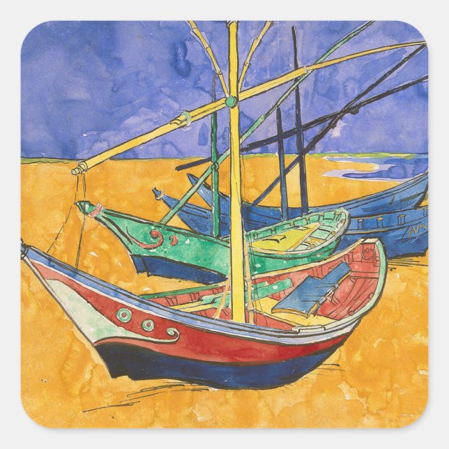 Adesivo Quadrado Van Gogh Boats Impressionism Beach (Frente)
