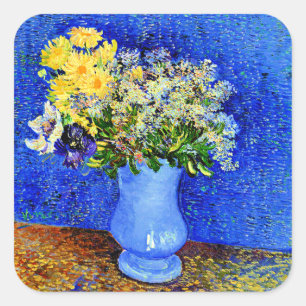 Adesivo Quadrado Van Gogh - Buquê das Flores num Vaso Azul