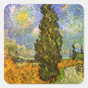Adesivo Quadrado Van Gogh: Estrada com Cypress e estrela