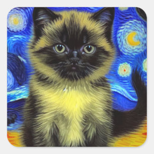 Adesivo Quadrado Van Gogh Starry Night Siamese Cat