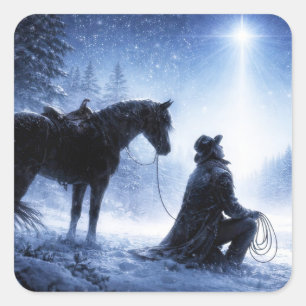 Adesivo Quadrado Vaqueiro e Cavalo do Feriado de Natal Estrela do N