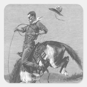 Adesivo Quadrado Vaqueiros de Rodeio Antigos, Cavalo Bronco Selvage