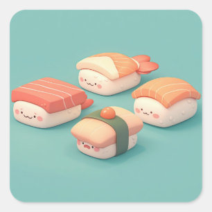 Adesivo Quadrado Variedade Adorável de Sushi Feliz de Argila
