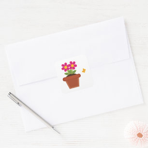 Adesivo Quadrado Vaso de Flor Rosa com Borboleta